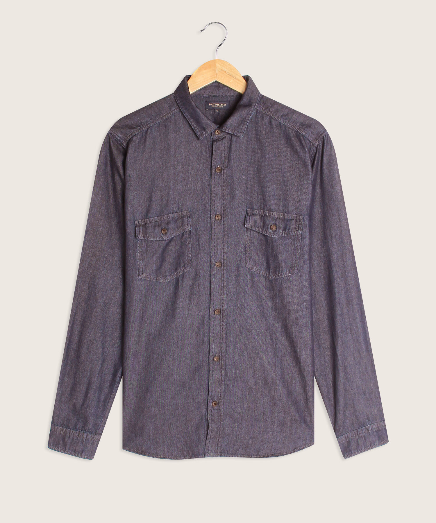 Camisa Manga Larga Azul Oscuro Con Bolsillos De Parche