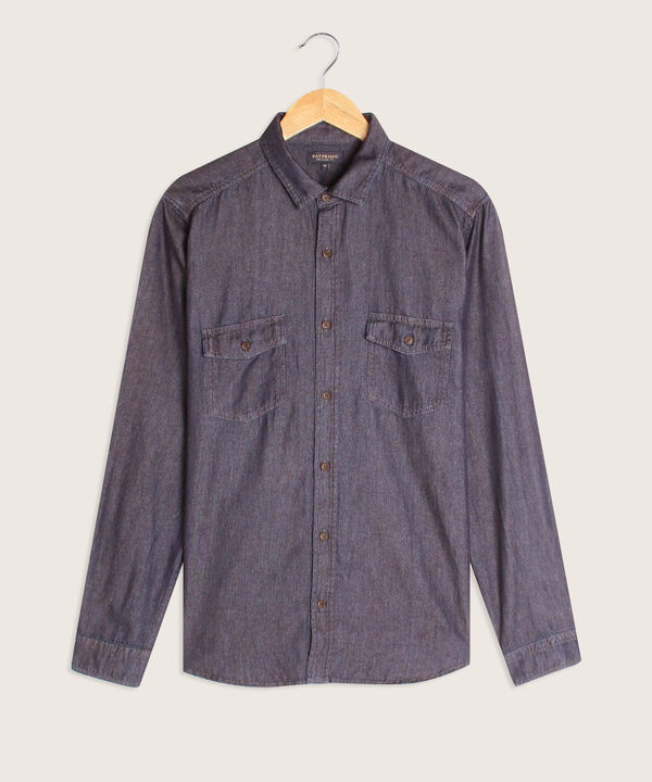 Camisa Manga Larga Azul Oscuro Con Bolsillos De Parche