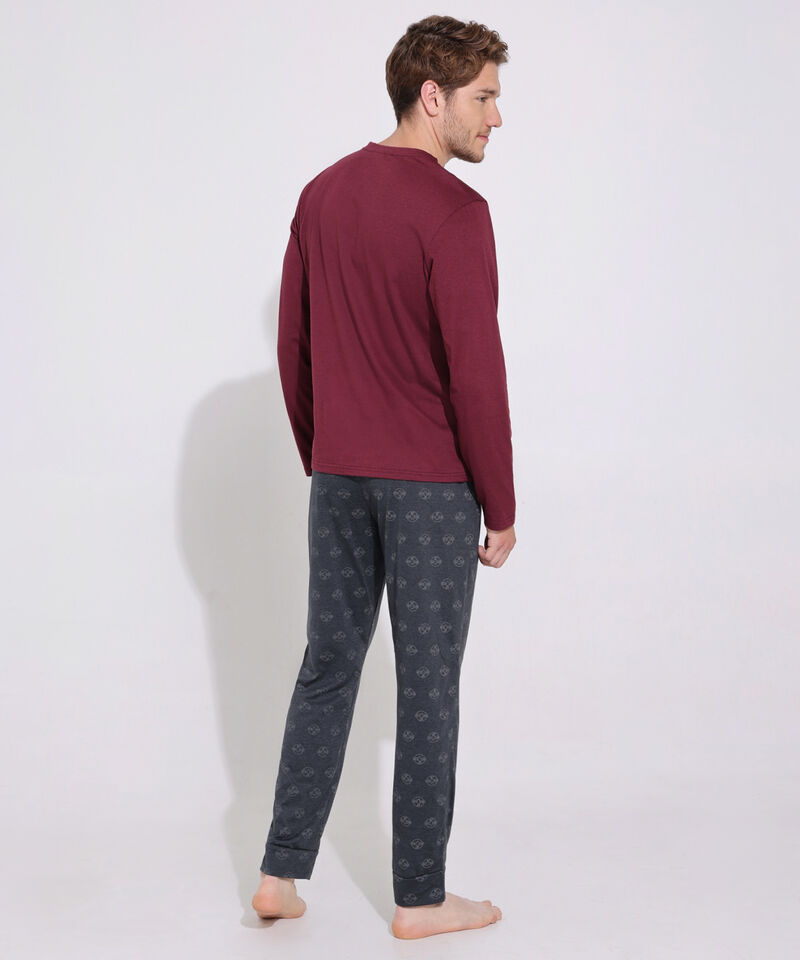 Pijama Camiseta Manga Larga Cuello Henley Unicolor Con Pantalón Estampado