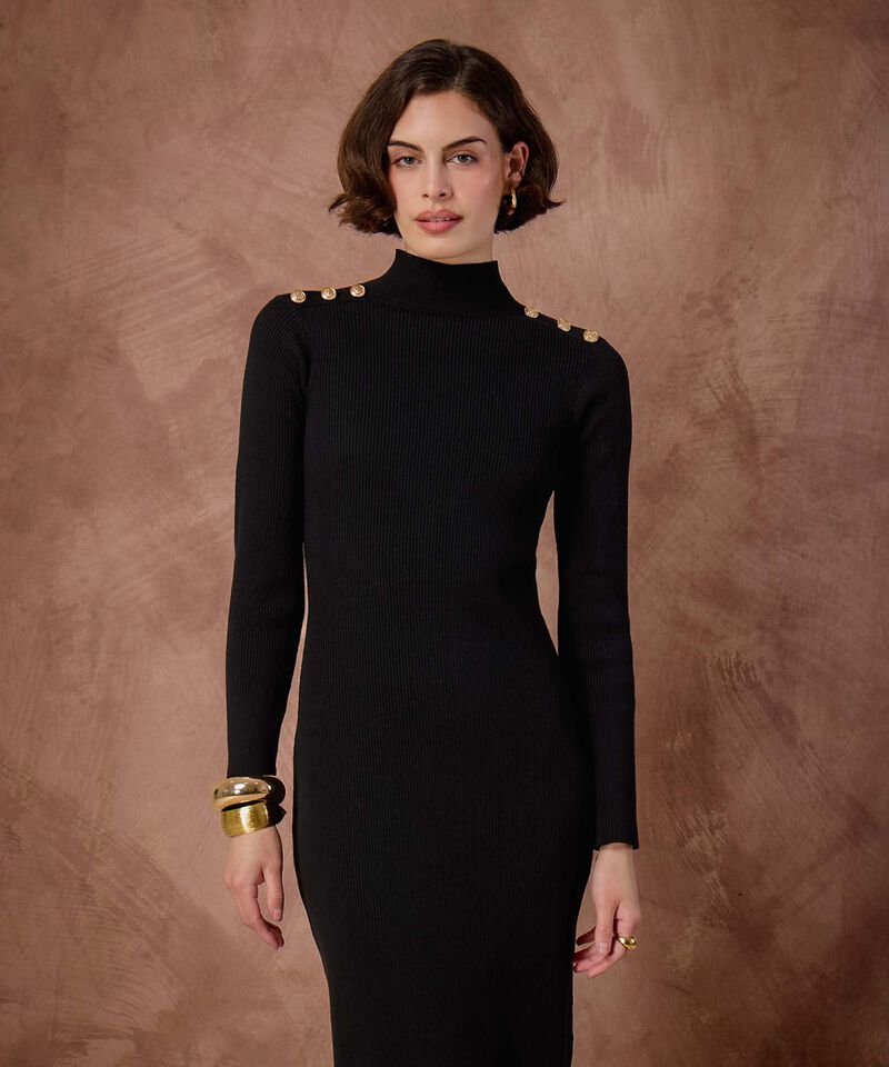 Vestido Unicolor Con Detalle En Hombros 