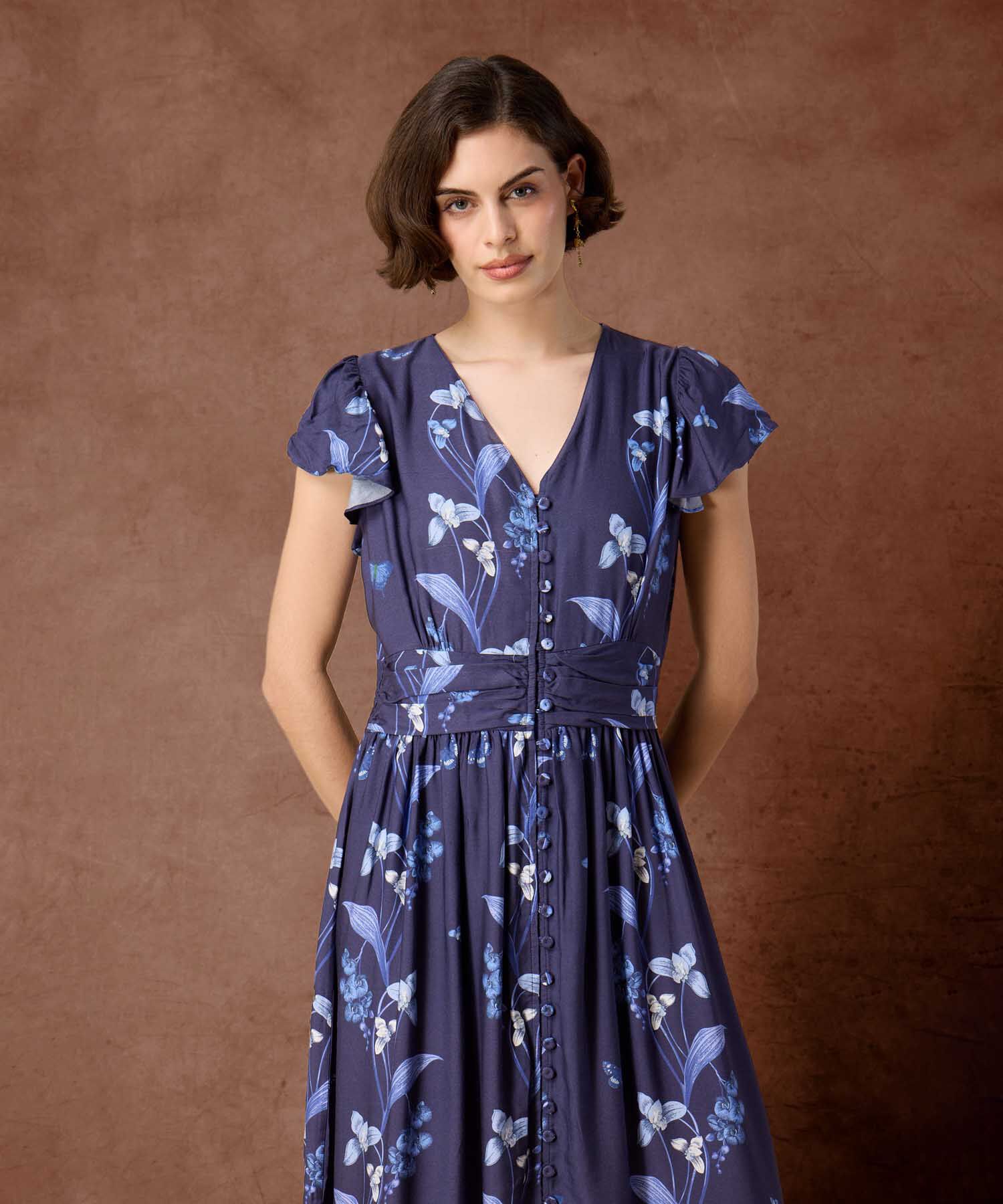 Vestido Maxi de Escote V y Botones Frontales Para Mujer