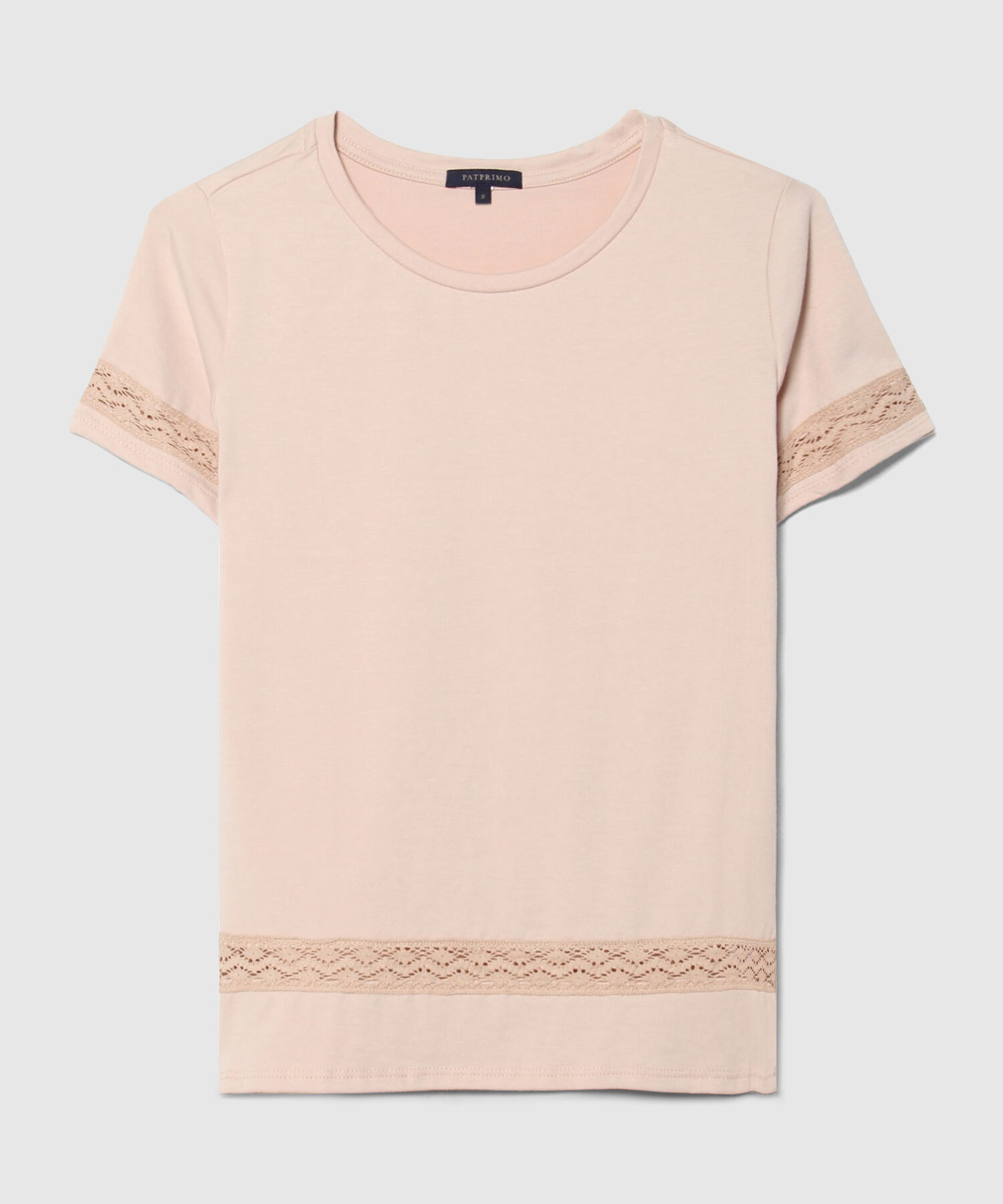 Camiseta Unicolor Manga Corta, Cuello Redondo Con Detalle Encaje