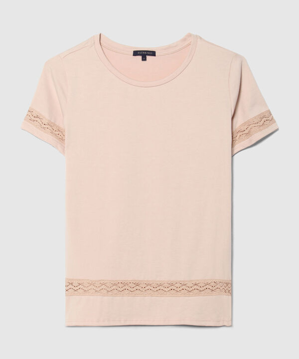 Camiseta Unicolor Manga Corta, Cuello Redondo Con Detalle Encaje