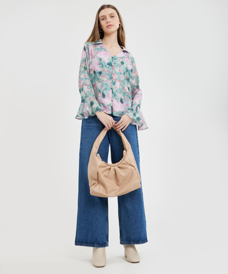 Camisa Estampada Manga Larga Con Volante