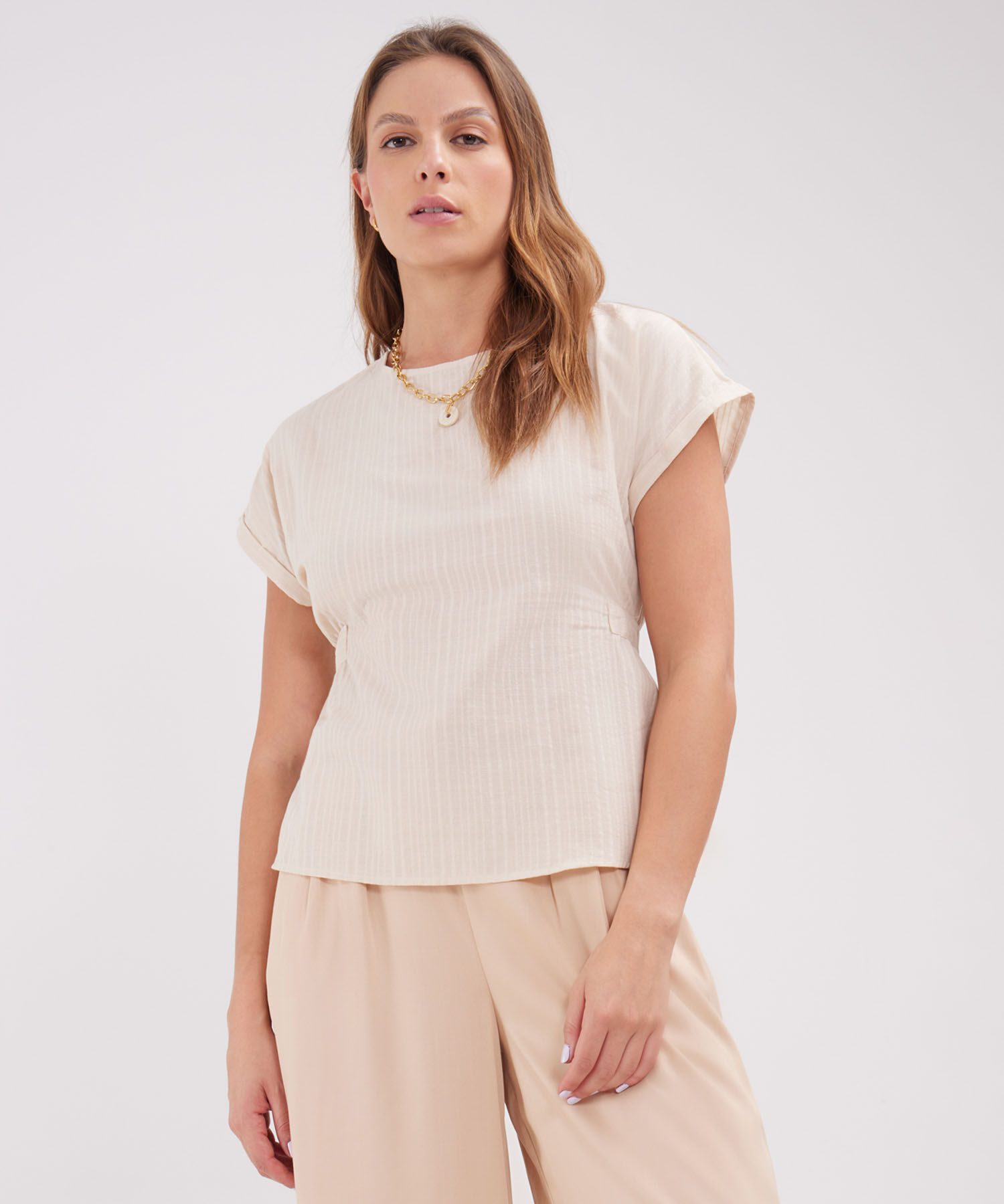 Blusa Unicolor, Manga Corta Con Cinturón