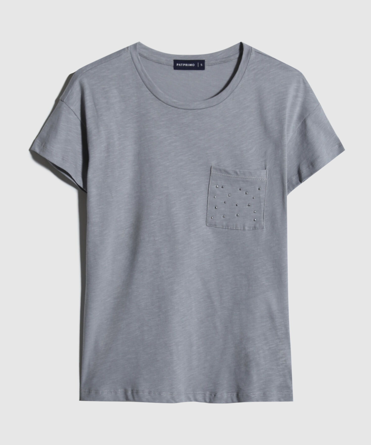 Camiseta Manga Corta Unicolor, Cuello Redondo, Bolsillo Con Pedreria