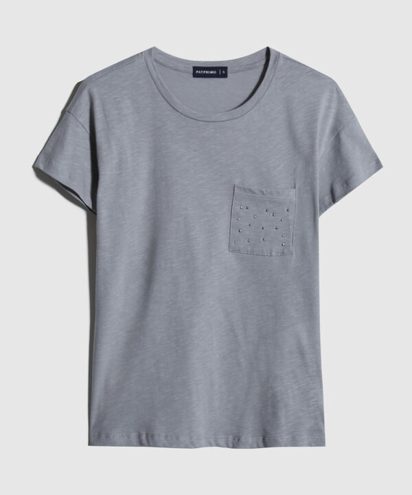 Camiseta Manga Corta Unicolor, Cuello Redondo, Bolsillo Con Pedreria