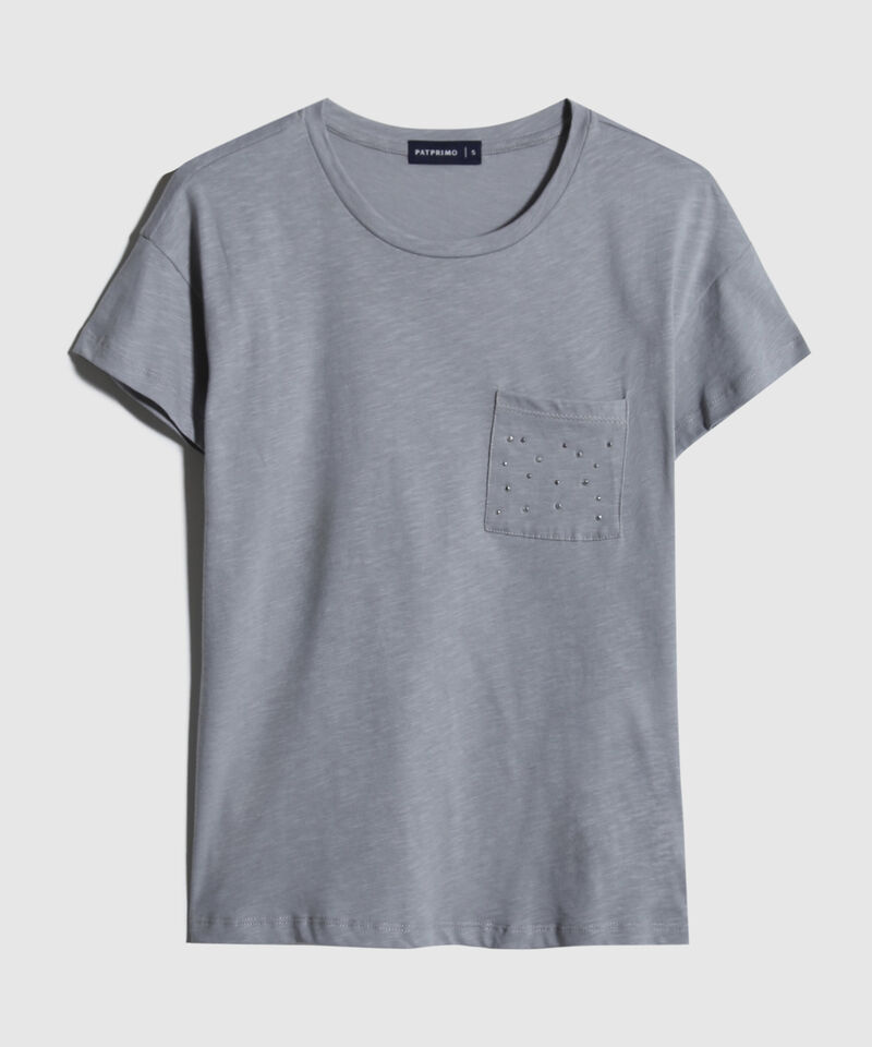 Camiseta Manga Corta Unicolor, Cuello Redondo, Bolsillo Con Pedreria