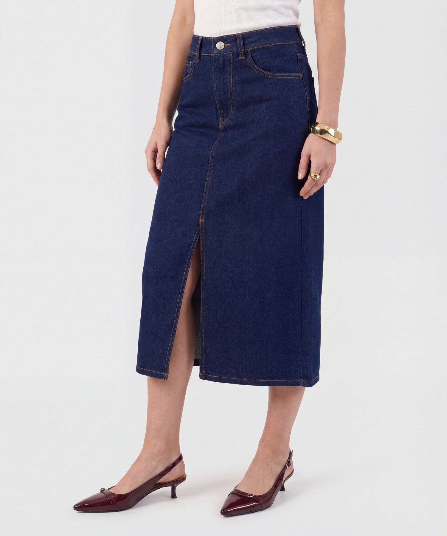 Falda Denim Midi Con Abertura Frontal