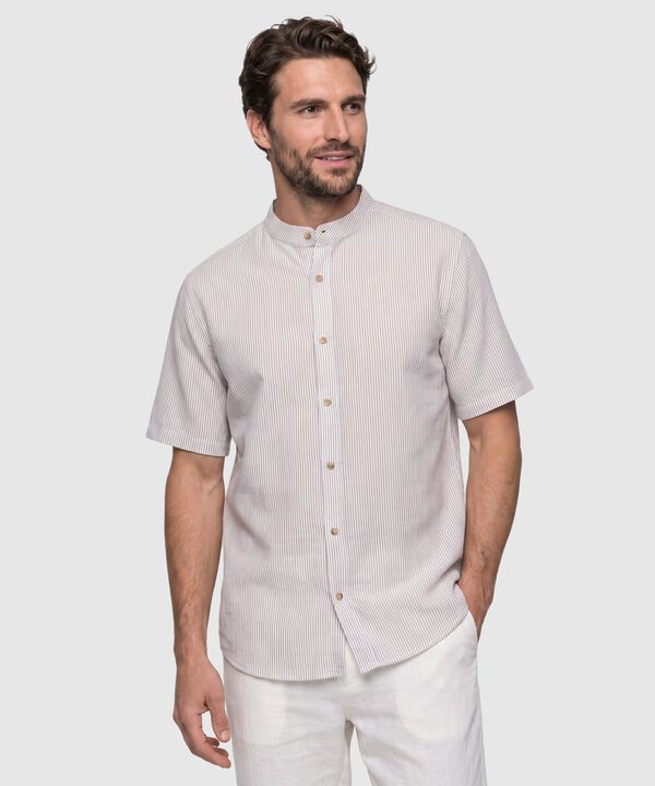 Camisa Manga Corta A Rayas Con Cuello Mao Para Hombre image number null