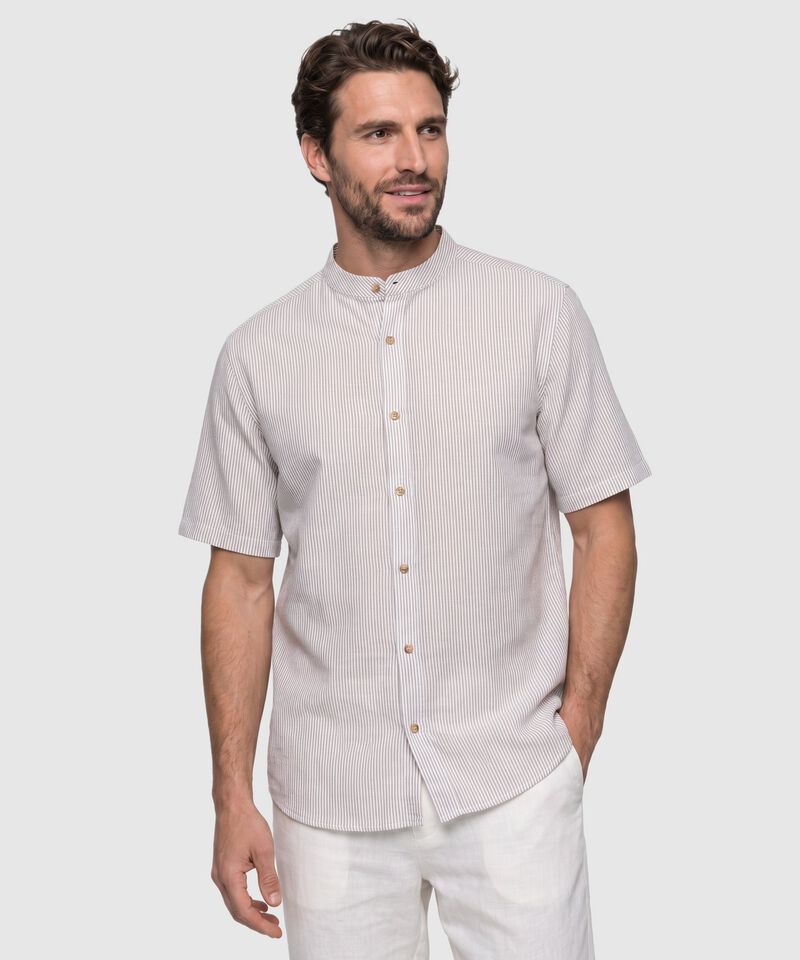 Camisa Manga Corta A Rayas Con Cuello Mao Para Hombre