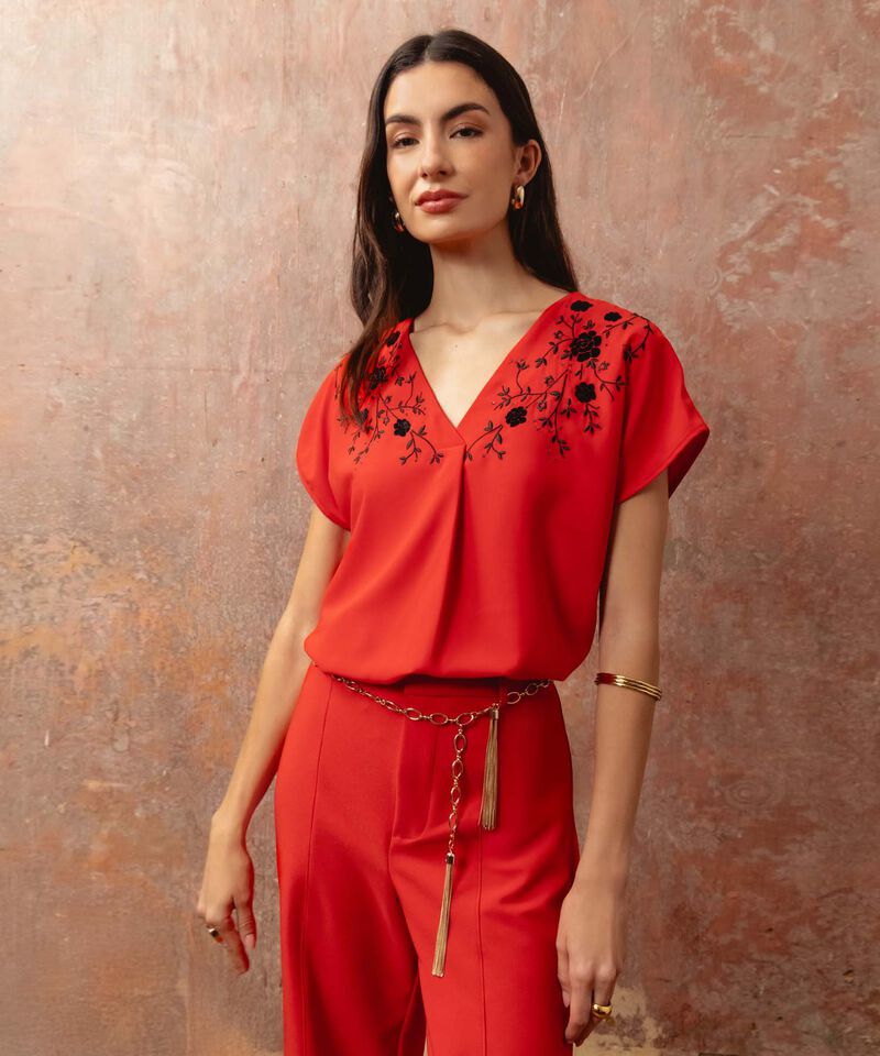 Blusa Con Bordado Frontal Para Mujer Escote V Manga Corta