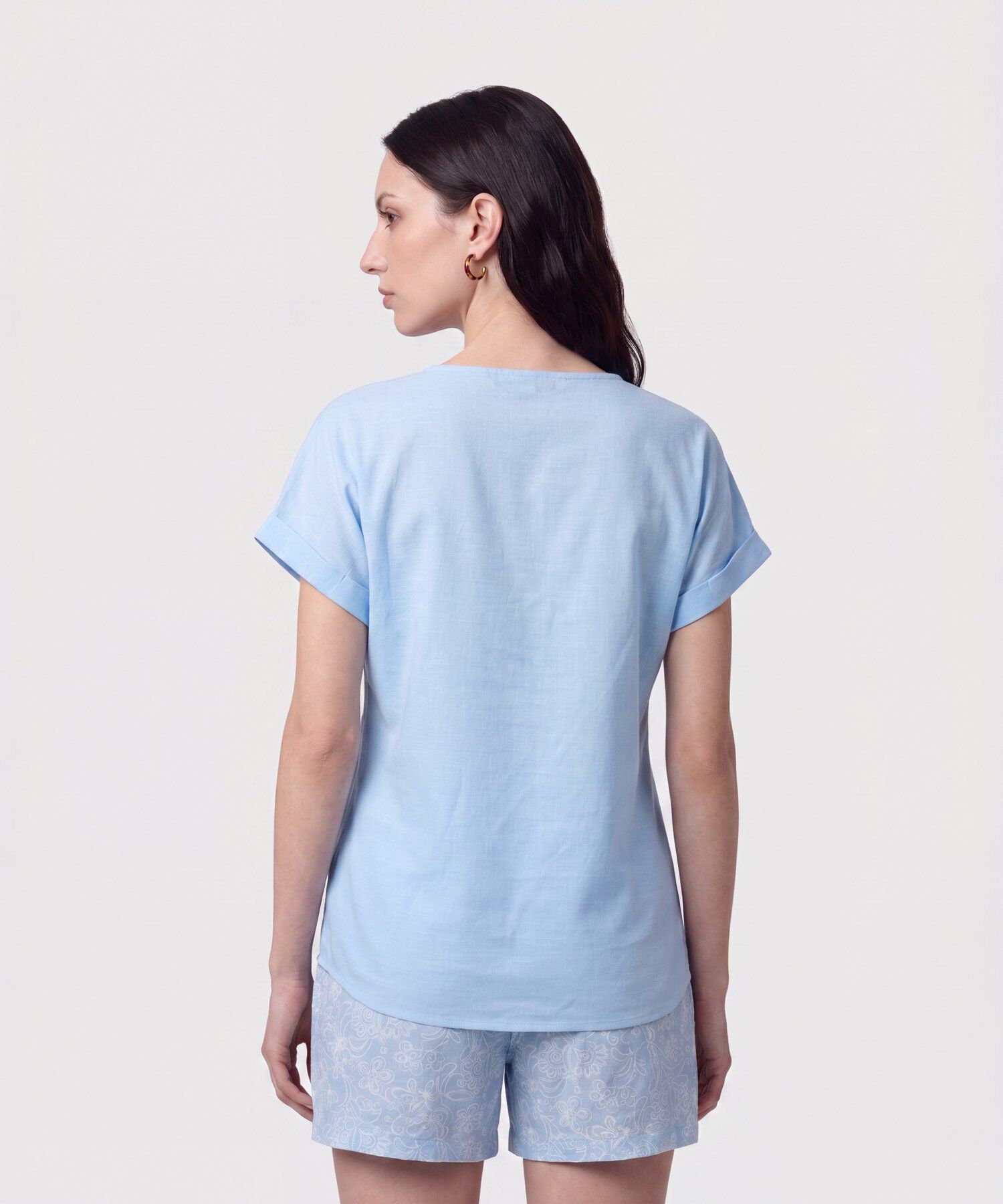 Blusa Manga Doblez Cuello Redondo Mujer