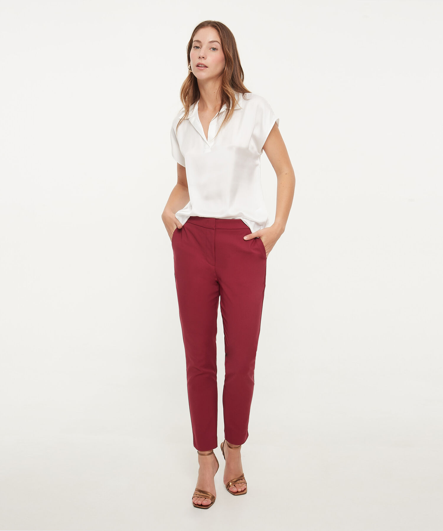 Blusa A Manga Corta Corrida Unicolor En Sat&iacute;n