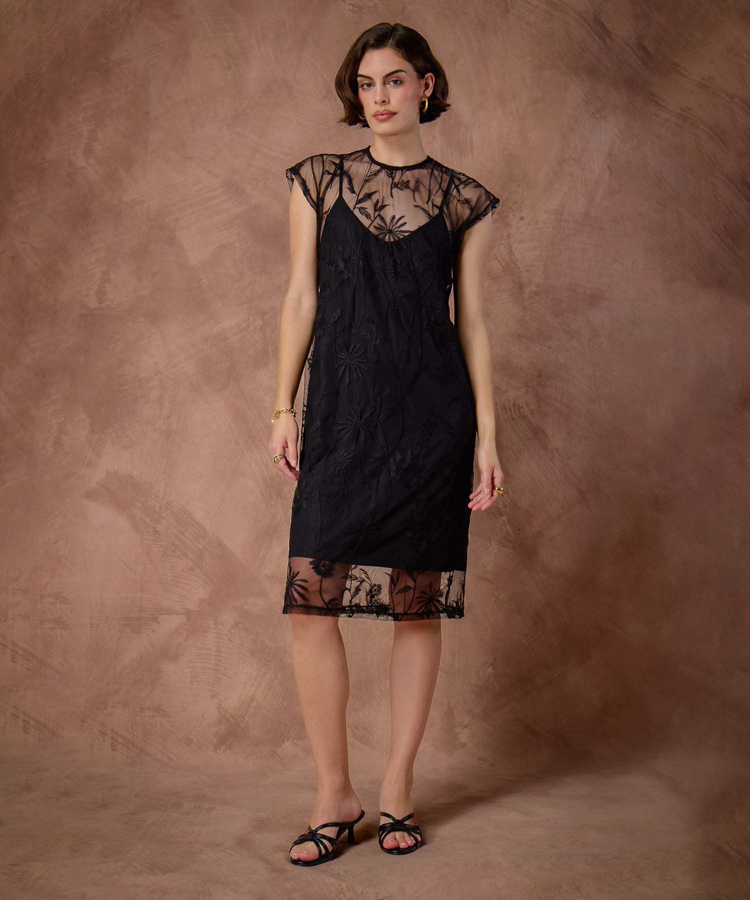 Vestido Corto Mujer Encaje Bordado Transparente