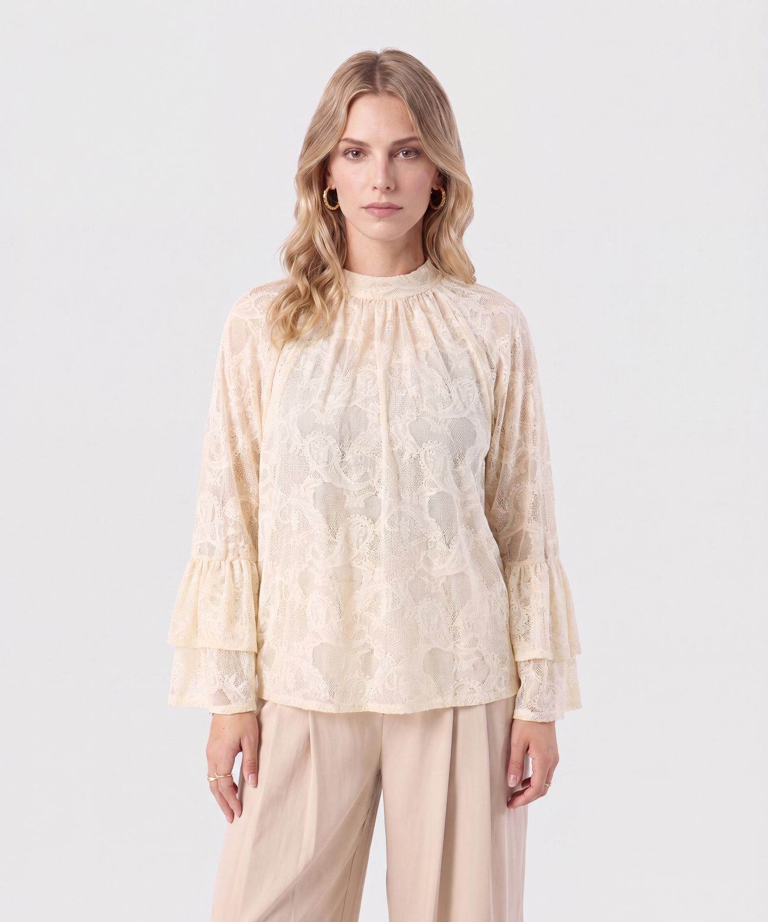 Blusa Encaje Manga Volante Para Mujer