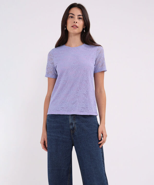 Camiseta Unicolor Manga Corta, Cuello Redondo En Encaje image number null