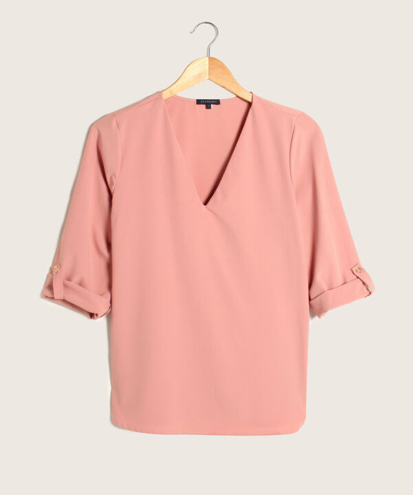 Blusa Unicolor Manga 3/4 Con Cuello En V, Charretera Para Graduar
