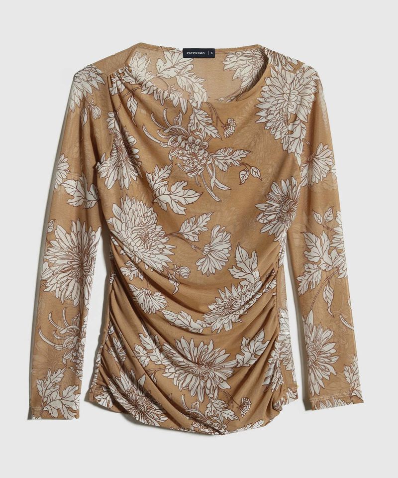 Camiseta Manga 3/4 Estampada, Cuello Redondo