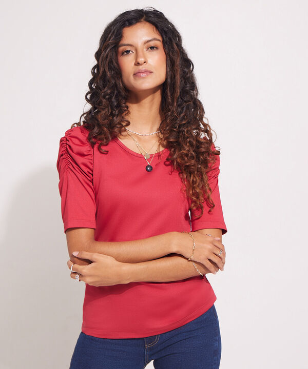Camiseta Manga Corta Unicolor Con Ruche