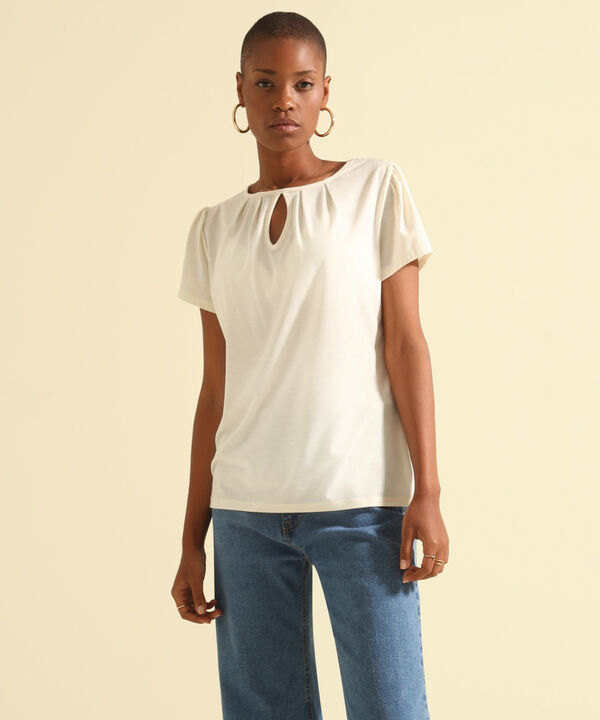 Camiseta Unicolor Manga Corta Con Recogido, Cuello Redondo Con Cuello Ojal Y Prenses