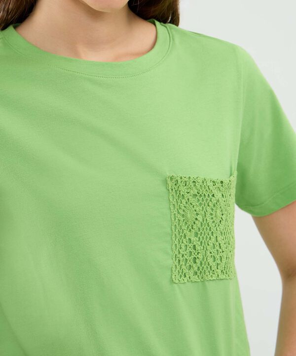Camiseta Manga Corta, Cuello Redondo, Con Bolsillo En Encaje Para Mujer image number null