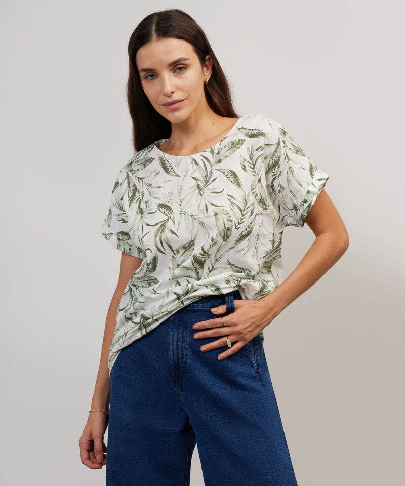Blusa Manga Corta Con Guardapolvo  En Lino Estampada