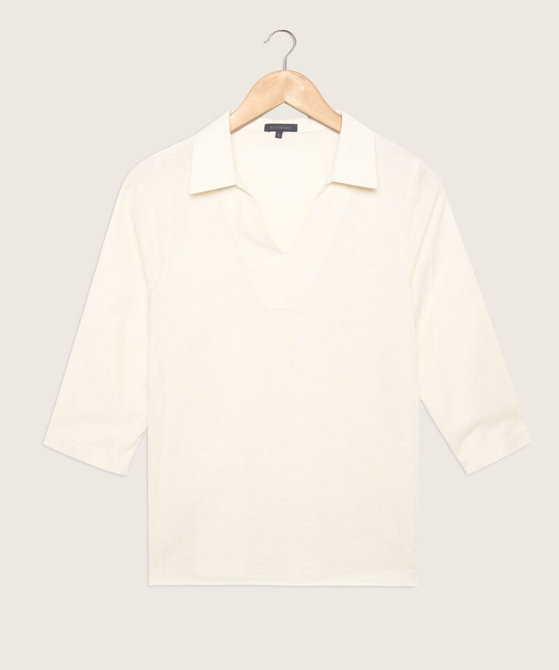 Blusa Unicolor Manga 3/4, Cuello Tipo Camisero Con Falso Interno En Cuello Y Guarda Polvo En Puños