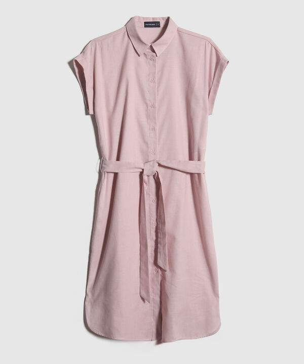 Vestido Camisero En Lino Unicolor Con Cinturon
