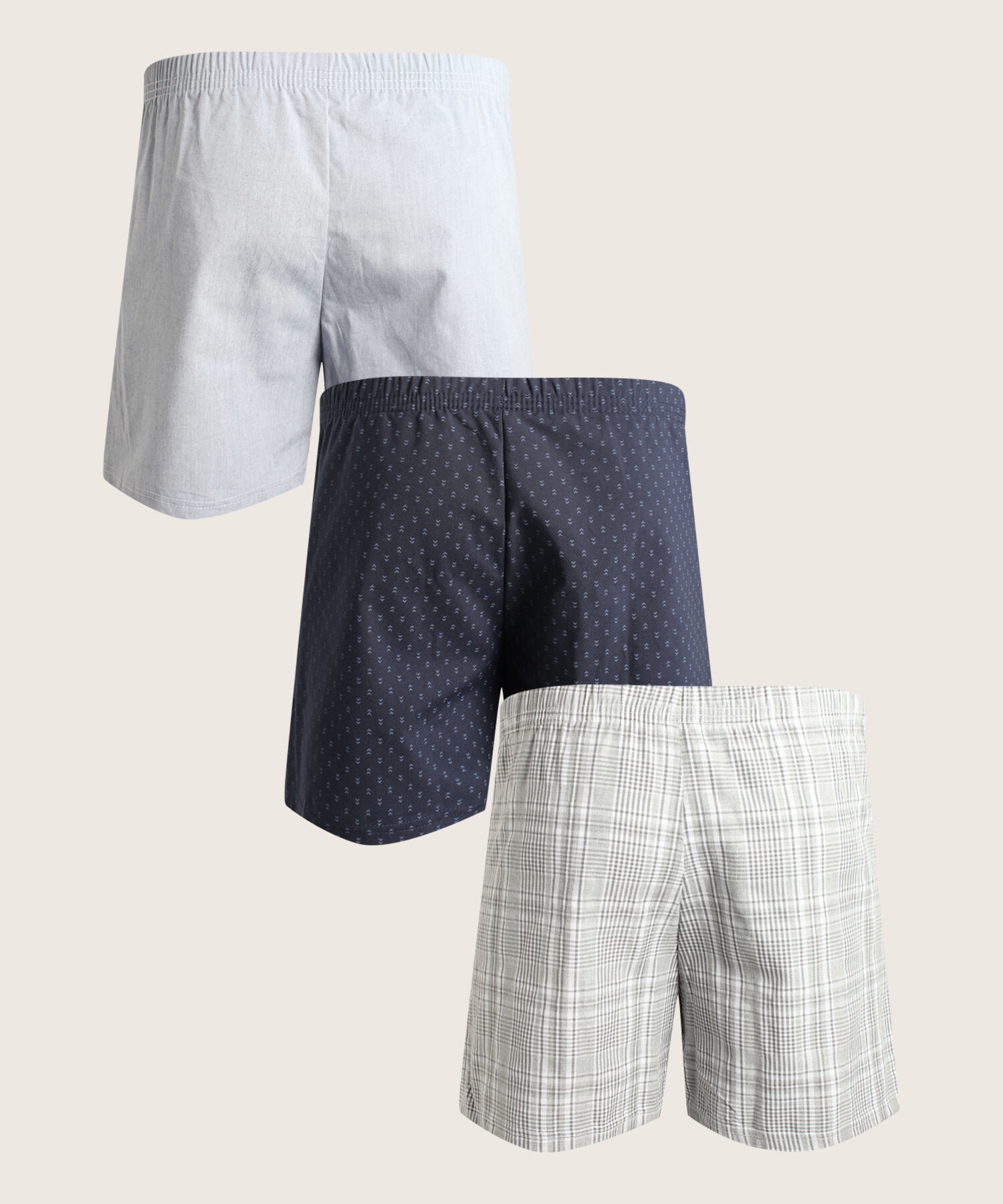 Boxer Pack X3 Pantaloncillo Tejido Plano Amplio Algodón Preteñido, Cuadro-Rayas Y Estampado