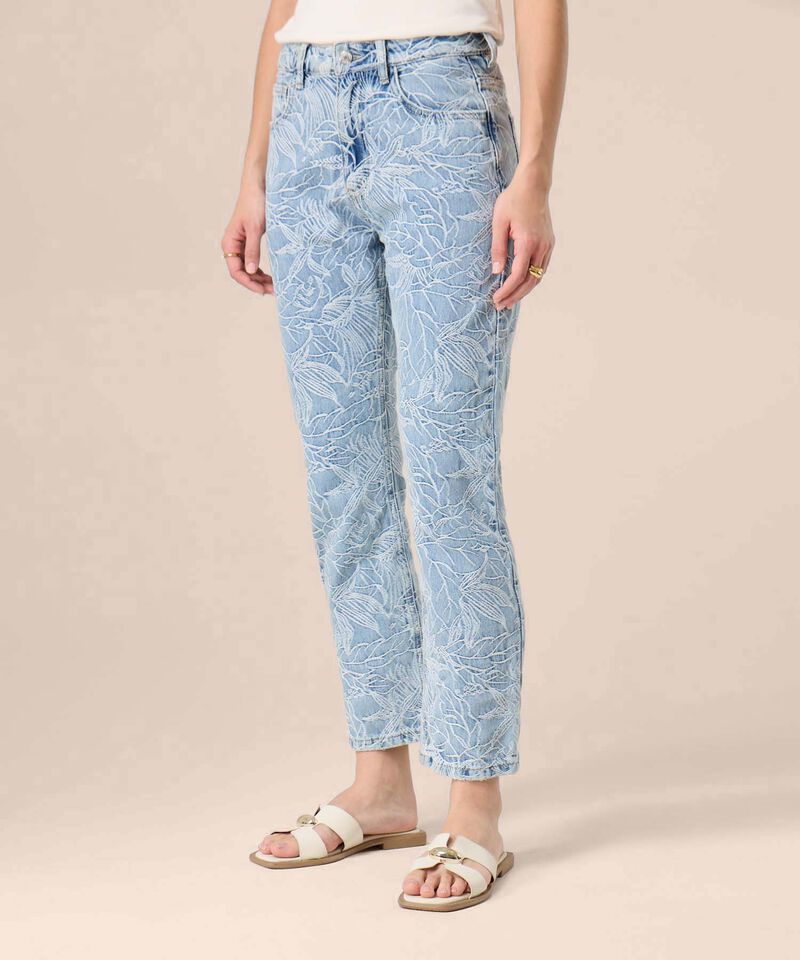 Jeans Straight Con Bordado Floral Para Mujer