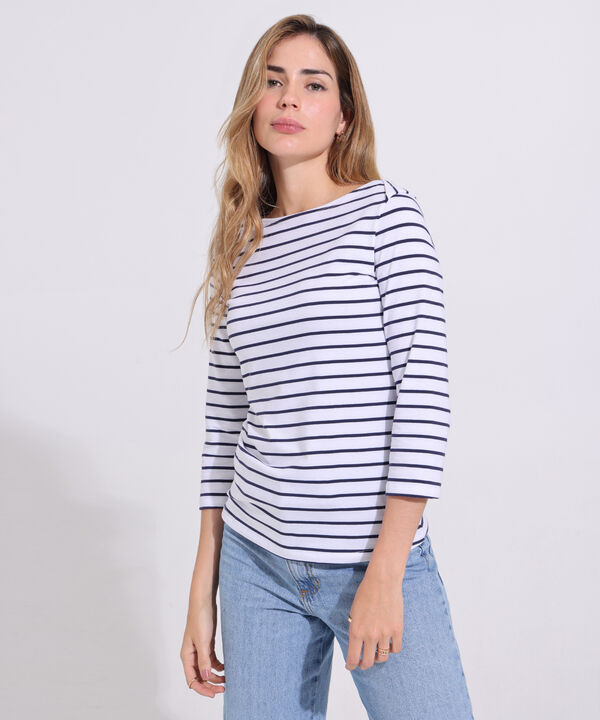 Camiseta Cuello Ojal, Manga 3/4, Preteñida A Rayas
