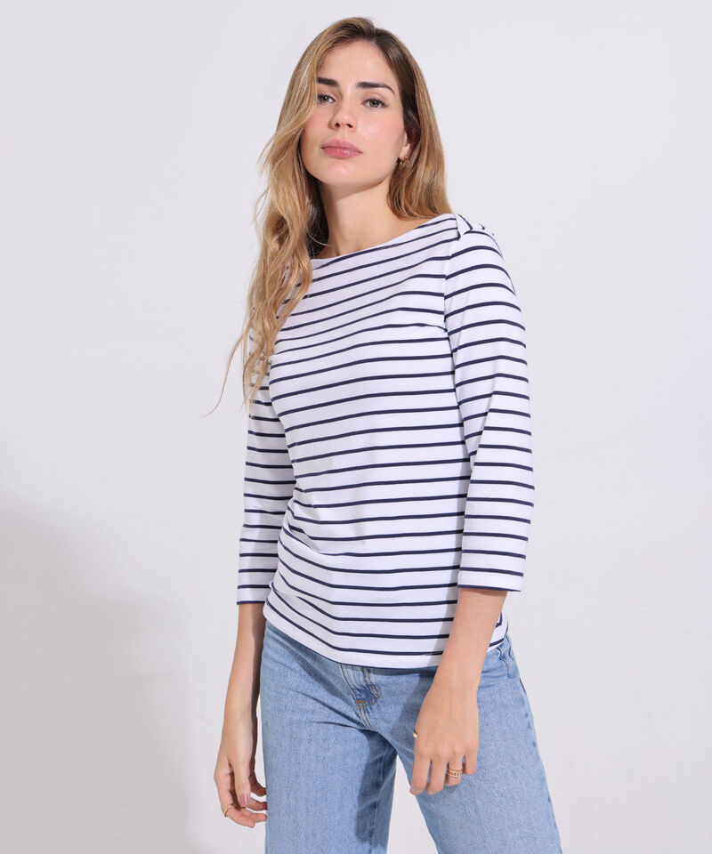 Camiseta Cuello Ojal, Manga 3/4, Preteñida A Rayas