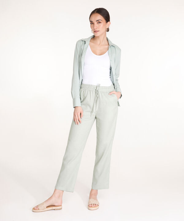 Pantalon Moda Unicolor, Pretina Resortada En Lino, Lineas