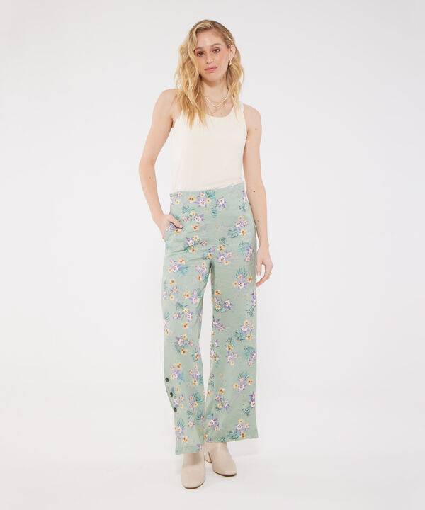 Pantalón Fluido Estampado Con Botones En Bota