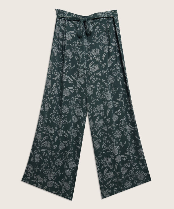 Pantalón Palazzo Estampado Con Cintura Elástica En Trasero Y Cinturón Para Anudar Desde Costados