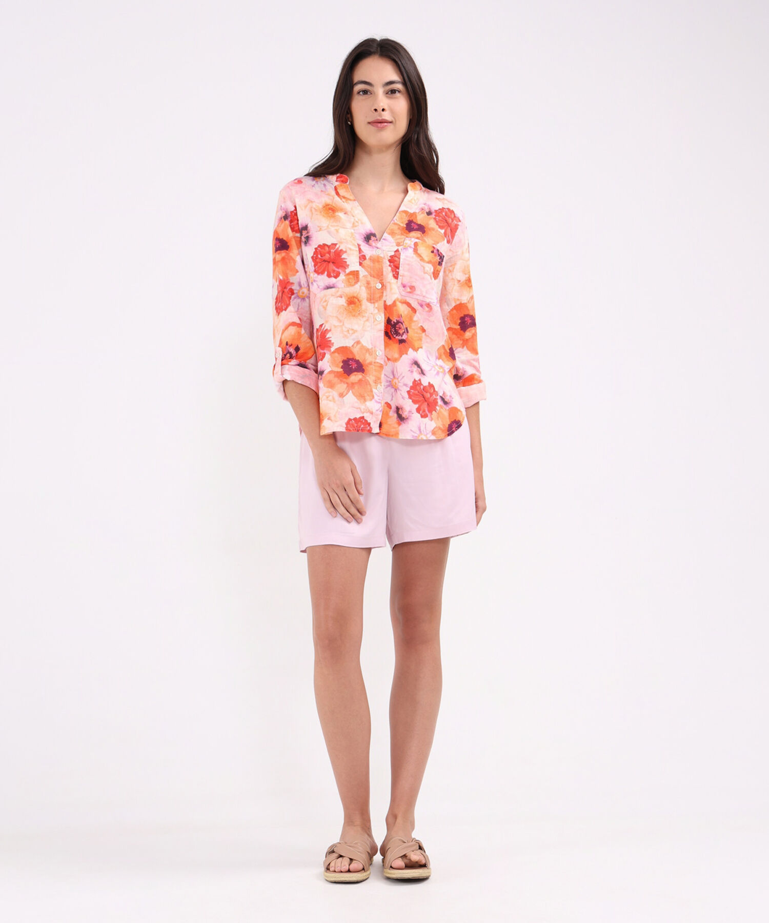 Blusa Manga Larga Estampada En Lino