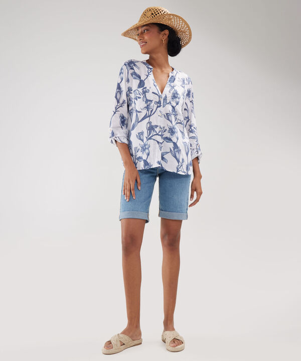 Blusa Manga Larga Estampada En Lino