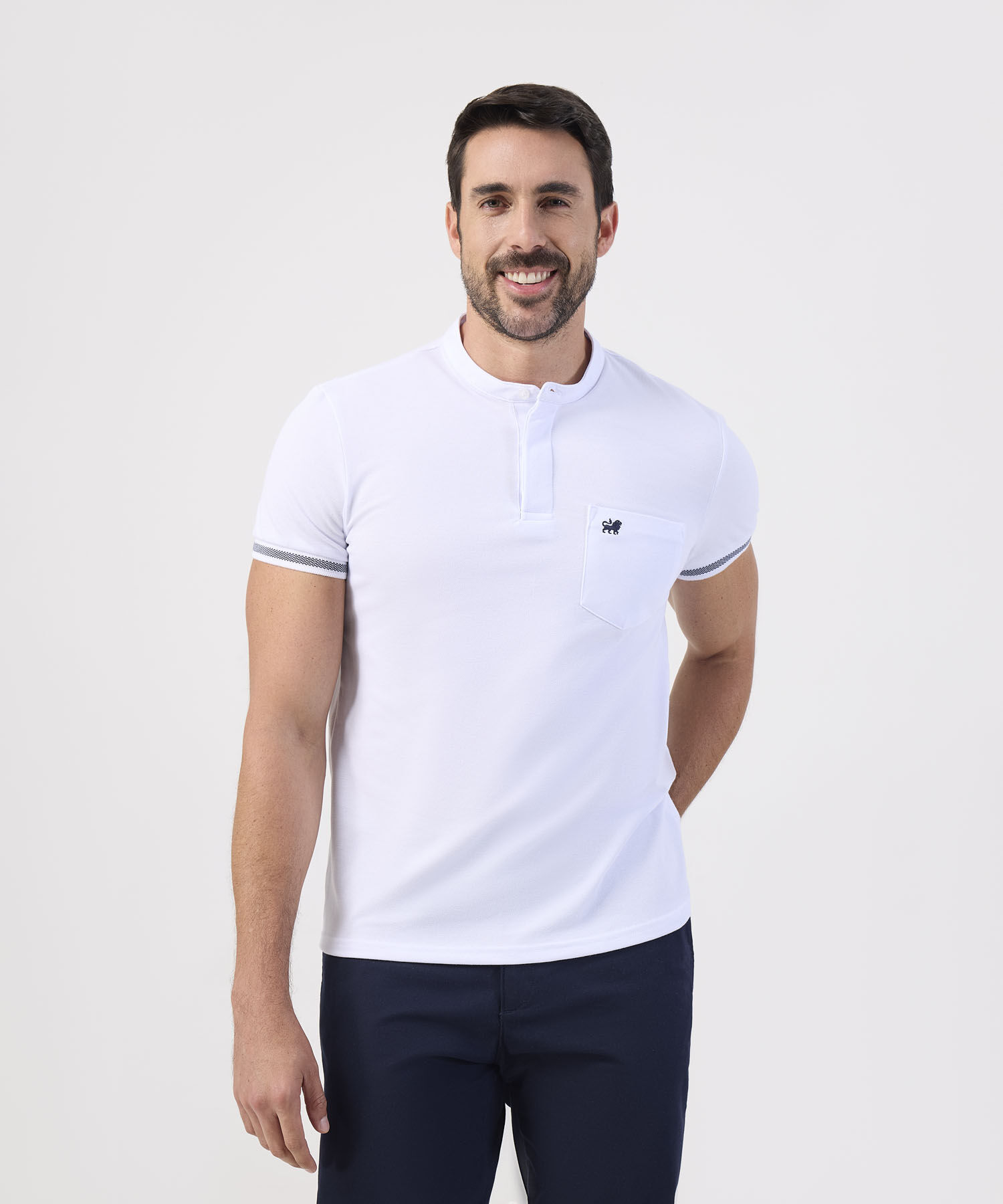 Polo Slim Fit Cuello Mao y Bolsillo Para Hombre