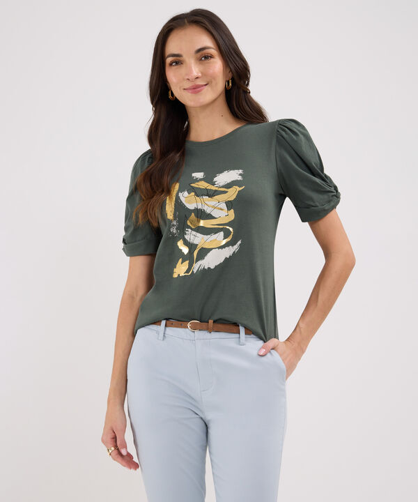 Camiseta Escote Redondo Con Detalle En Manga Y Estampado Screen En Frente image number null