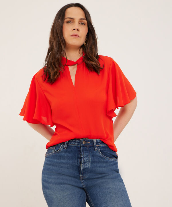 Blusa Unicolor, Manga Corta Tipo Campana, Cuello V Drapeado Cruzado Con Anudado En Posterior, Serena