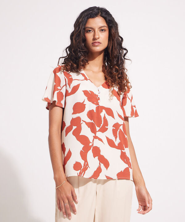Blusa Manga Corta estampada  Cuello En V Con Botones En Frente