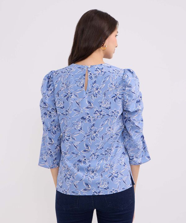 Blusa Estampada Escote Redondo, Manga 3/4 Con Recogido