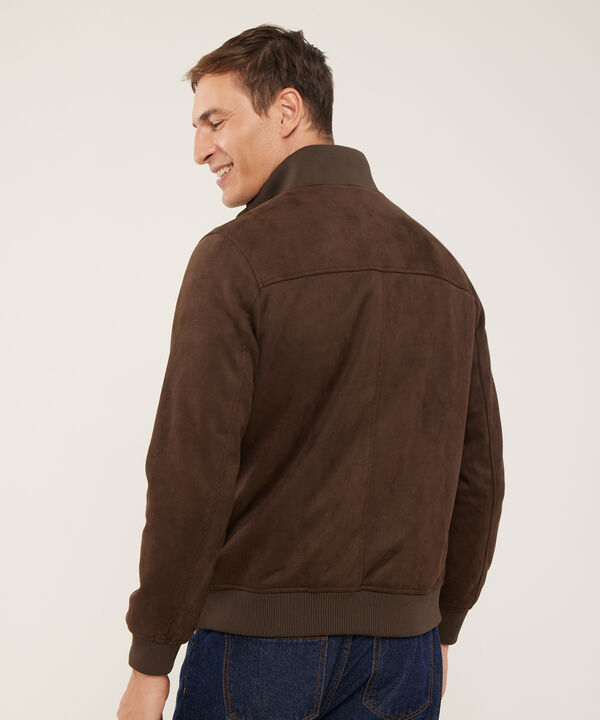 Chaqueta En Suede Manga Larga Cuello Alto Combinación Rib Botones En Frente