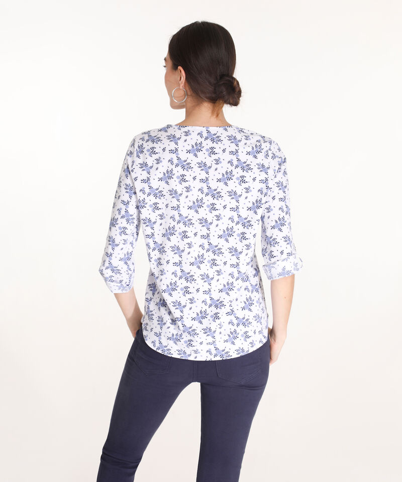 Blusa Estampada, Manga 3/4 Con Charretera, Cuello En V Y Silueta Fluida