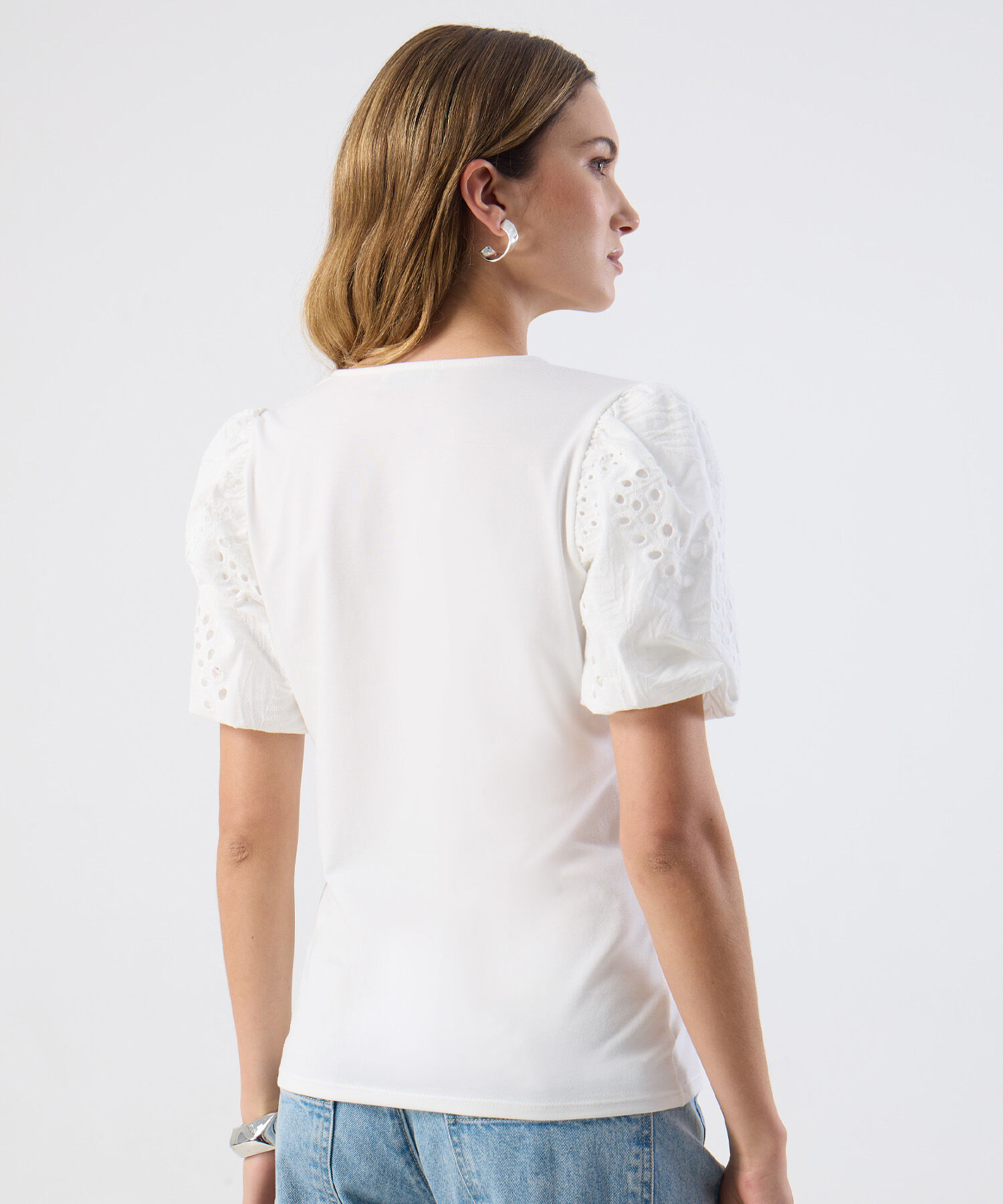 Camiseta Casual Mangas De Ojalillo Para Mujer