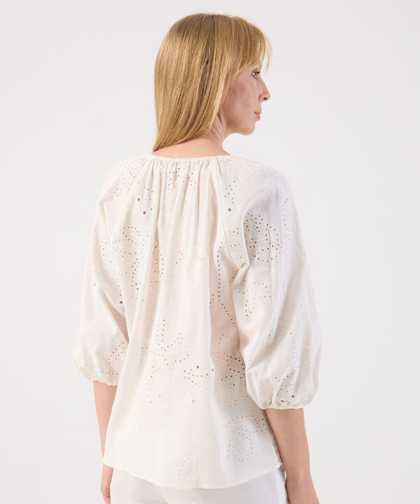 Blusa De Mujer Ojalillos Escote Fruncido Manga Globo