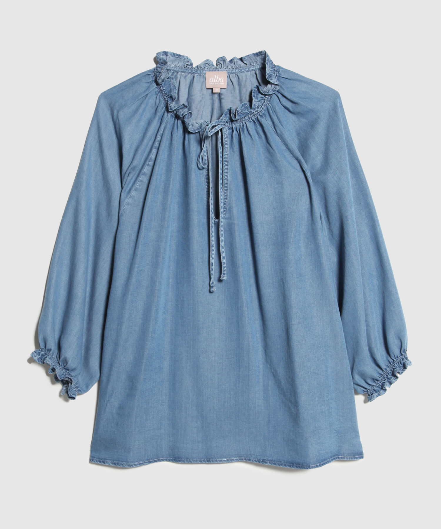Blusa Tono Azul Medio Claro Con Elastico En Puños Y Cordón En Tela Cuerpo