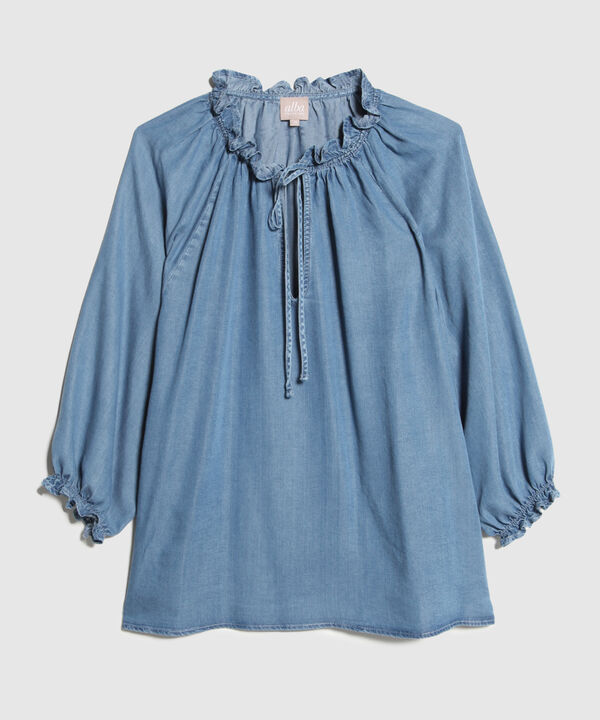 Blusa Tono Azul Medio Claro Con Elastico En Puños Y Cordón En Tela Cuerpo