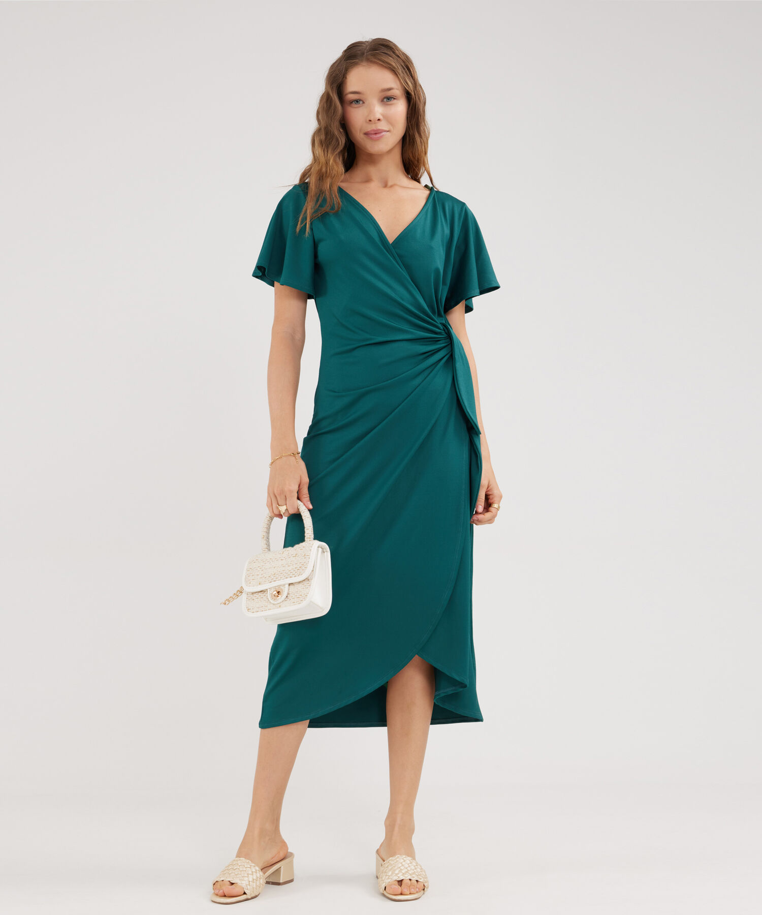 Vestido Unicolor Manga Corta, Escote En V